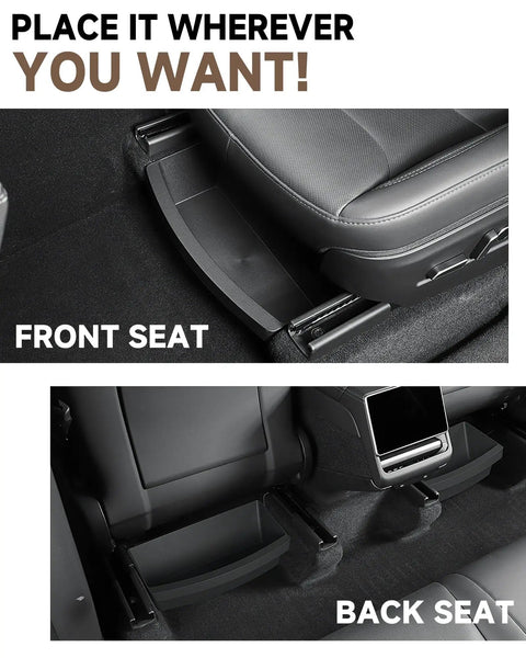 Dead On Fit Under Seat Storage For Tesla Model Y Black 2 Pack in front and back seat areas for practical storage.