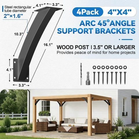 Heavy Duty 45 Degree Pergola Brackets Kit For 4x4 Wood Posts Inside Mount Corner Braces For Pergola Gazebo Deck Porch Construction 4 Pack Actual 2x1.6 Inches Rock Solid shown with installation and hardware details.