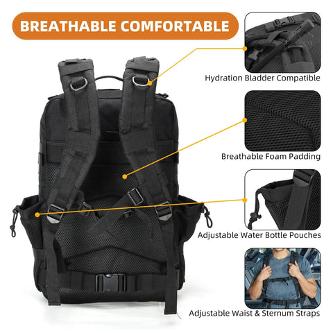 Back view of Military Tactical Backpack 45L Bug Out Bag For Travel Hiking And Camping Tough Go To Pack Fits 16 Inch Laptop Black