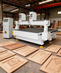 3 Axis Wood CNC Router Machine 4x8 Foot Working Area in workshop with carved wooden panels for cabinets, furniture.