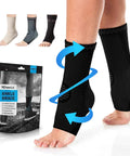 Unisex Lace Up Ankle Brace With Adjustable Compression For Plantar Fasciitis Sprains Tendinitis Swelling And Arthritis All In One Support Sleeve Pair Designed For Comfort Mobility And Quick Relief During Everyday Activity shown on foot with packaging.