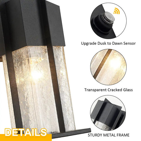 Details of Dusk To Dawn Exterior Wall Light With Crackle Glass Sensor showing crackle glass, sensor, and sturdy metal frame