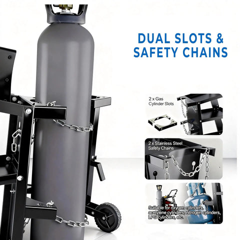Heavy Duty Welder Cart With 2 Tier 4 Drawer Storage, 265 Lbs Load Capacity featuring dual cylinder slots and safety chains