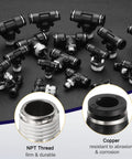 Five Pack Pneumatic Male Branch Tee Fittings Quarter Inch Tube OD To Quarter Inch NPT Thread Quick Push To Connect Nickel Plated Brass
