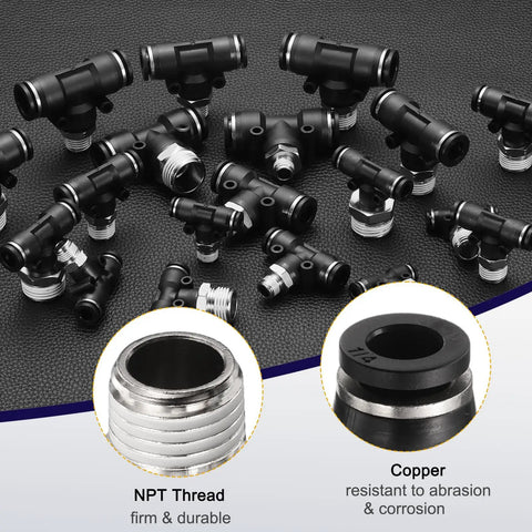 Five Pack Pneumatic Male Branch Tee Fittings Quarter Inch Tube OD To Quarter Inch NPT Thread Quick Push To Connect Nickel Plated Brass