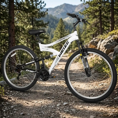 27.5 Inch Mountain Bike For Adults With Dual Suspension And 18 Speeds on mountain trail, High Carbon Steel Frame, Off Road White.