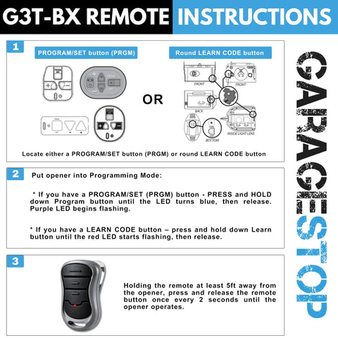 G3T-BX remote programming instructions with diagram and steps for Plug-And-Play Dual Frequency 3-Button Garage Door Remote Replacement For Intellicode G3T-BX G3T-R Auto-Seek And Universal Compatibility With Genie Openers 1997-Present.