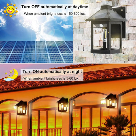 Two Pack Solar Wall Lanterns Outdoor With Three Modes Dusk To Dawn Motion Sensor LED Sconce Lights IP65 Waterproof shown in use