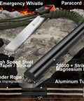 5 Inch Flint And Steel Fire Starter Kit With Two Waxed Tinder Cords And Paracord, displayed with emergency whistle, scraper, and magnesium rod.