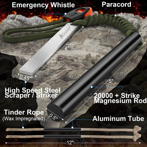 5 Inch Flint And Steel Fire Starter Kit With Two Waxed Tinder Cords And Paracord, displayed with emergency whistle, scraper, and magnesium rod.