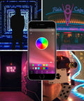 Collage featuring 66 Foot RGB LED Strip Lights Kit With Music Sync App Control Remote 16 Million Colors in various settings