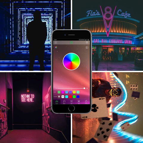 Collage featuring 66 Foot RGB LED Strip Lights Kit With Music Sync App Control Remote 16 Million Colors in various settings