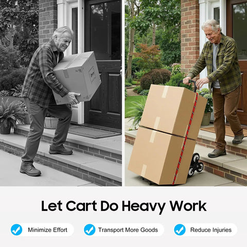 Heavy Duty Stair Climbing Cart For Easy Moving, Portable Hand Truck Dolly That Throws Back 330 Lbs, Built Tough With Front Wheels, Six Rear Wheels And Spare Tires, Your Go-To Stair Hauler For Bulky Loads. Man moving box up porch steps
