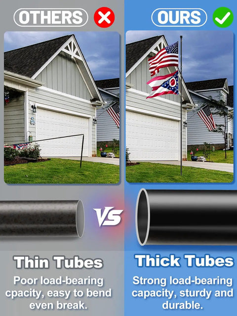 Comparison of thin vs thick tubes for 10 Ft In Ground Flag Poles Kit For Double Flag Display With Sturdy 5 Prong Base Windproof Ground Flag Poles.