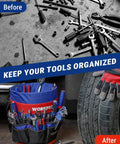 Before and after of tools in a Bucket Tool Organizer With 51 Pockets Fits Three Point Five To Five Gallon Buckets Waterproof Tear Proof 600D Polyester