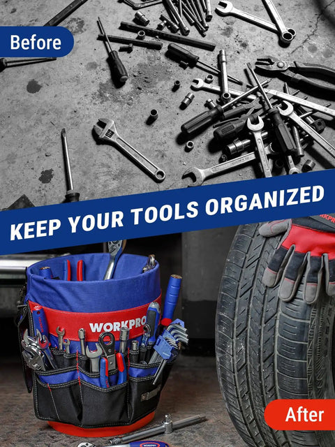 Before and after of tools in a Bucket Tool Organizer With 51 Pockets Fits Three Point Five To Five Gallon Buckets Waterproof Tear Proof 600D Polyester
