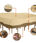 Water Resistant 108 Inch Rectangular Oval Patio Table And Chair Cover With Bound Seams High Density Stitching Padded Handles And Matching Webbing Fits 108 Inch Long 82 Inch Wide 23 Inch High Tables And Six Chairs Two Year Warranty installed on furniture