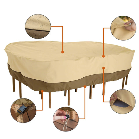 Water Resistant 108 Inch Rectangular Oval Patio Table And Chair Cover With Bound Seams High Density Stitching Padded Handles And Matching Webbing Fits 108 Inch Long 82 Inch Wide 23 Inch High Tables And Six Chairs Two Year Warranty installed on furniture