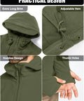 Men's Tactical Fleece Lining Jacket With Front Zip Left Zip For Hunting And Mountaineering, thumb holes, adjustable hem