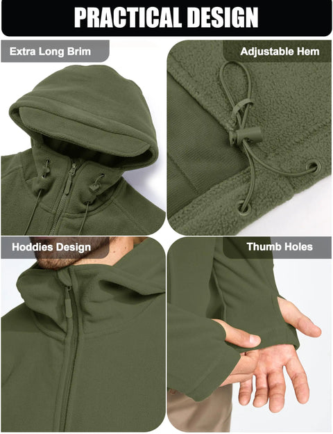 Men's Tactical Fleece Lining Jacket With Front Zip Left Zip For Hunting And Mountaineering, thumb holes, adjustable hem