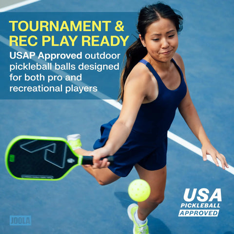 Player with pickleball paddle using Hardcourt Pickleball Balls with Storage Tube USAP Approved for Tournament Play Durable