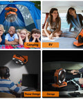 Collage of 40,000mAh Rechargeable Battery Powered Oscillating Floor Fan With Remote used for camping, RV, power outage, and garage
