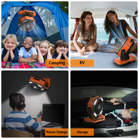 Collage of 40,000mAh Rechargeable Battery Powered Oscillating Floor Fan With Remote used for camping, RV, power outage, and garage
