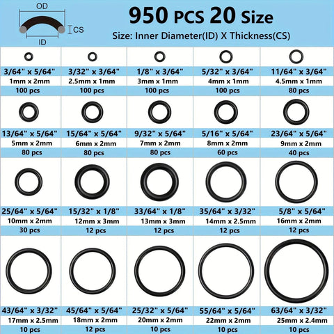 O-ring seal kit, 950 pieces, 20 sizes, nitrile rubber, black, for automotive/plumbing