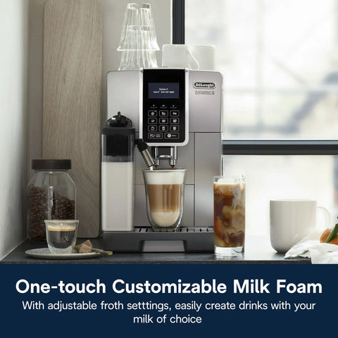 One Touch Espresso Machine With Automatic Milk Frother And Built In Grinder For Barista Level Lattes And Cappuccinos Dead Simple Top Shelf Silver Kitchen Setup next to frothy coffee drinks and jars.