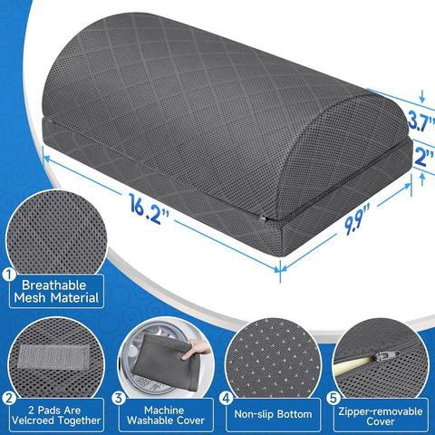 Under Desk Foot Rest For Work And Gaming With Non Slip Bottom Two Adjustable Heights And Removable Cover Comfortable Gray Foot Rest For Office And Home Desks Ergonomic Foot Support For Posture And All Day Comfort with dimensions and features shown