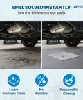 Comparison image showcasing Heavy Duty Oil Absorbent Pads Suck Up Grease And Fuel Like A Champ under a leaking vehicle.