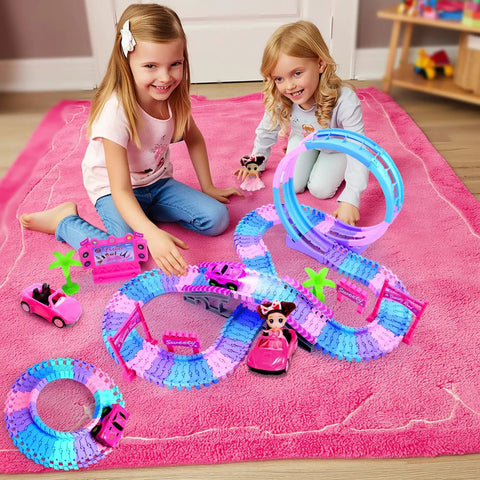 Two girls playing with Pink 177 Piece Flexible Track Car Toy Set For Girls Ages 3 4 5 6 With 360 Degree Rotating Tracks Princess Car