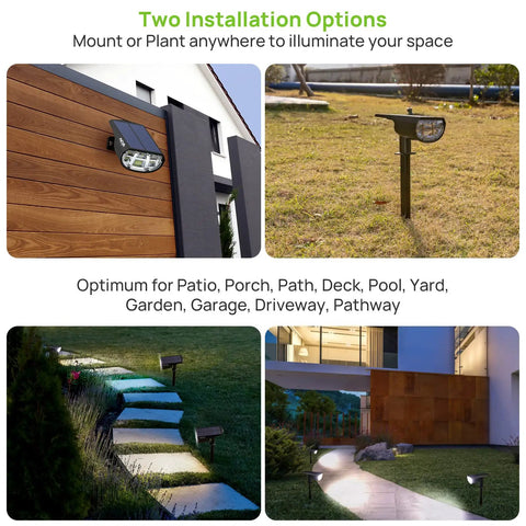 Ultra Bright Outdoor Solar Spot Lights IP68 Waterproof Landscape Spotlights, 3 Modes, USB And Solar Powered Wall Lights mounted and planted.