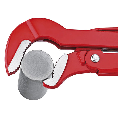 Swedish Pattern Pipe Wrench S Shape With 45 Degree Angled Jaws And Offset Teeth gripping round pipe, red slim plumbing tool