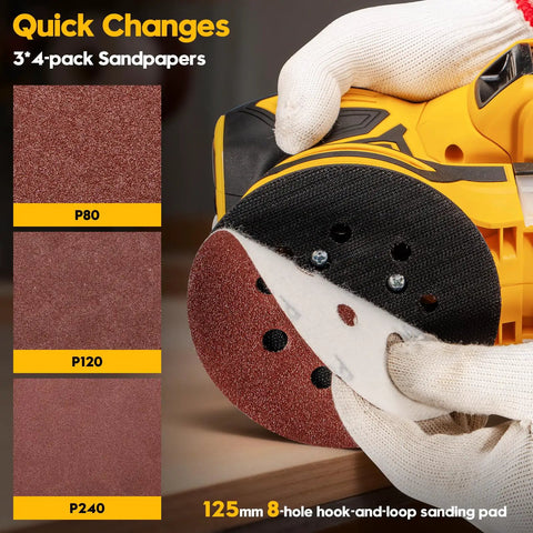 Cordless Random Orbital Sander With Brushless Motor Built Tough To Hustle Through Woodworking Kicks Up Dust Without Sweat Compatible With 20V Batteries Ultimate DIY Shop Essential showing sandpapers and sanding pad.
