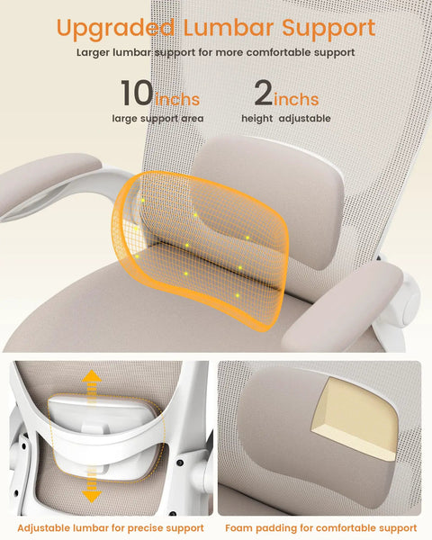 Ergonomic Desk Chair With Adjustable Lumbar Support And Flip Up Armrests In Breathable Mesh For All Day Comfort At Home Or In The Office Khaki Color S Shaped Back Height And Tilt Adjustability with focus on lumbar support features