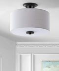 Oil Rubbed Bronze Marc LED Semi Flush Mount Ceiling Light With White Linen Drum Shade 15 Inch Transitional Fixture for Bedroom