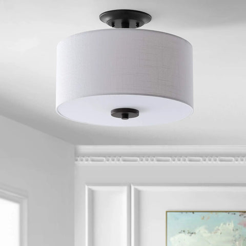 Oil Rubbed Bronze Marc LED Semi Flush Mount Ceiling Light With White Linen Drum Shade 15 Inch Transitional Fixture for Bedroom