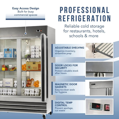 Double Door Commercial Refrigerator With 47 Cu Ft Capacity, 54 Inch Wide Stainless Steel Reach-In Upright Fridge, Adjustable Shelves, Auto Defrost, Digital Thermostat, Freestanding Industrial Cold Storage