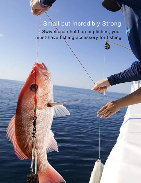 Fisherman using 210 Piece Rolling Bearing Snap Connector Swivels Set For Saltwater And Freshwater Fishing, 5 Sizes, holding big fish.