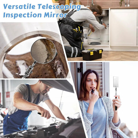 Two Piece Telescoping Inspection Mirror Set With 360 Degree Swivel And Extendable Arm in use for repairs and inspection.