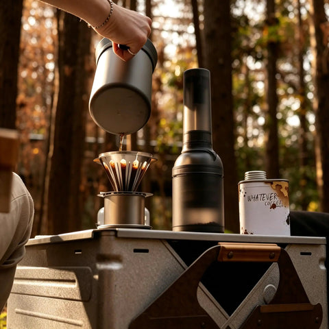 Kick Up Your Daily Brew Game With This Portable Electric Coffee Grinder Featuring 45 Precision Settings And Stainless Steel Conical Burrs A Straight Up Game Changer For Espresso Pour Over Drip Or Cold Brew Creations All Day, portable grinder in outdoor setup.
