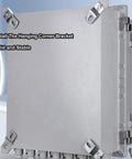 Explosion-proof waterproof outdoor electrical box with hinged cover and internal mounting panel in silver metal.