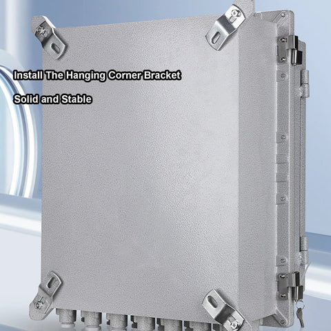 Explosion-proof waterproof outdoor electrical box with hinged cover and internal mounting panel in silver metal.