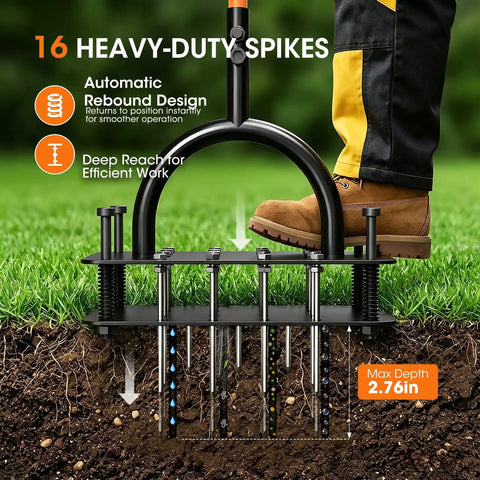 Manual Lawn Aerator With 16 Sharp Spikes In 4x4 Layout Self Cleaning Core Aerator showcased with foot pressing for deep aeration.