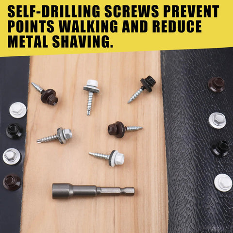Heavy Duty Number 10 X 1 Inch Black Hex Head Self Drilling Roofing Screws, 300 Piece Set Of High Strength Alloy Steel Fasteners on wood surface.