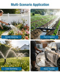 Collage showcasing multi-scenario use of 2HP Portable Shallow Well Pump for irrigation, garden watering, lawn sprinklers, and water transfer.