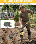 Man using Heavy Duty Long Handle Garden Hoe And Weeder Tool For Weeding And Loosening Soil with 46-inch steel shaft outdoors