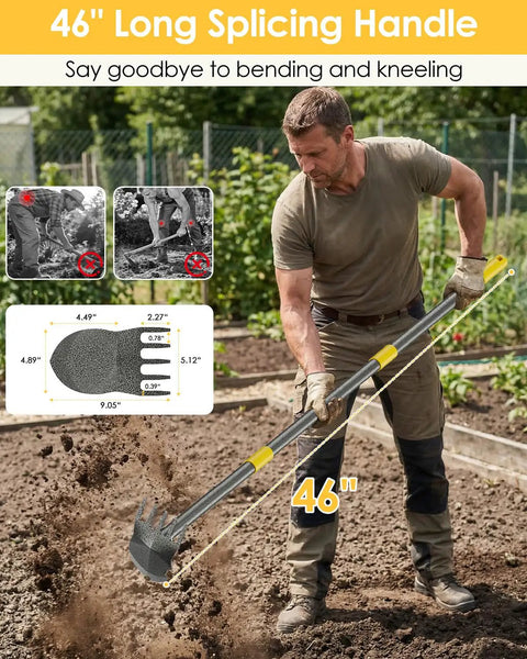 Man using Heavy Duty Long Handle Garden Hoe And Weeder Tool For Weeding And Loosening Soil with 46-inch steel shaft outdoors