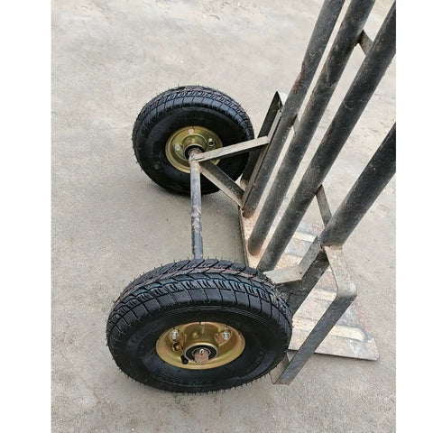 Two six inch pneumatic rubber caster wheels on a cart, heavy duty silent pump tires for smooth rolling.